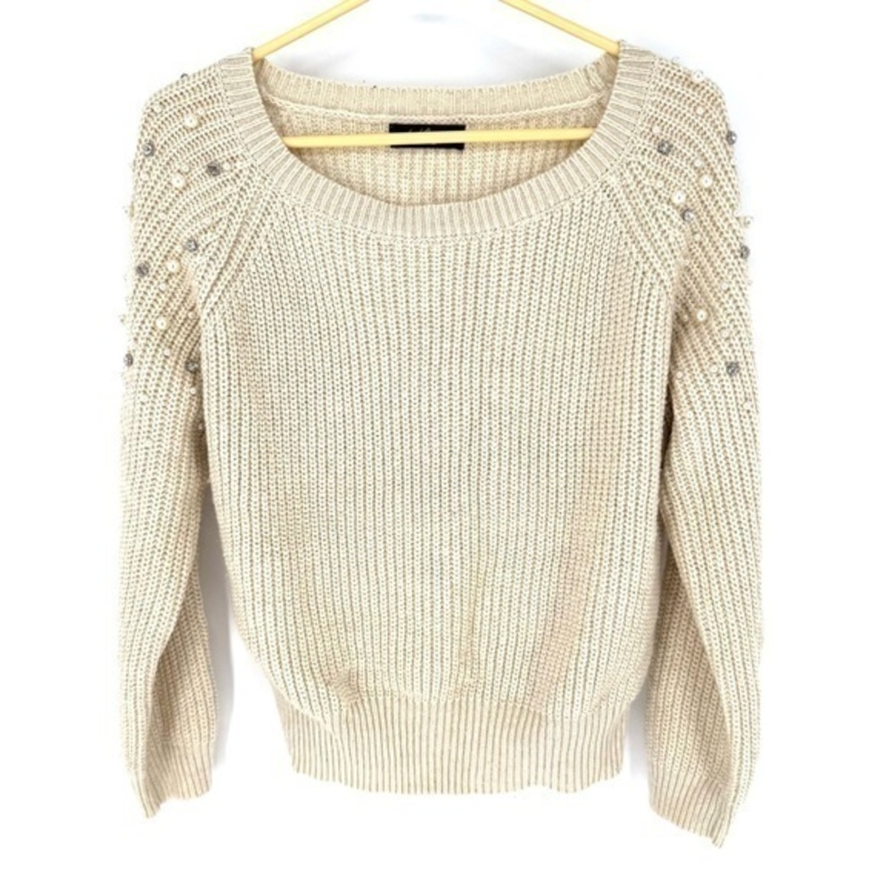 Elegant Cream knit quiet luxury Sweater with Pearl and rhinestone Accents